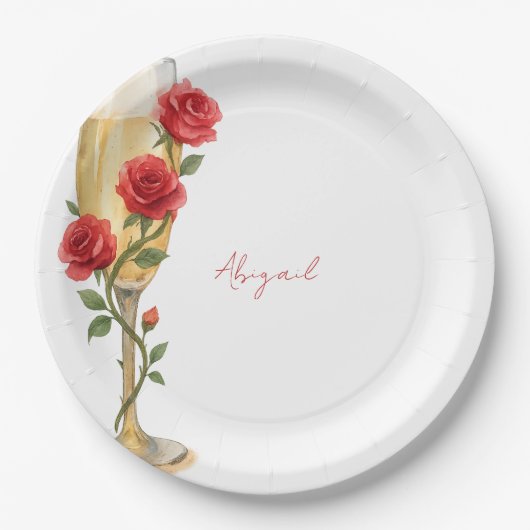 Rode rozen op champagne gepersonaliseerde naam papieren bordje (Voorkant)