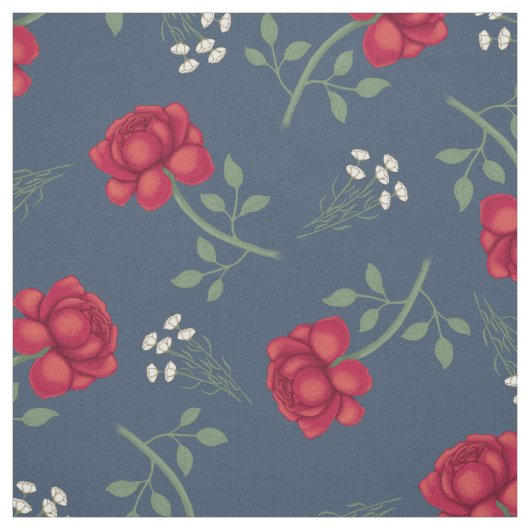 Rode rozen op donkerblauwe calico stof (Swatch)