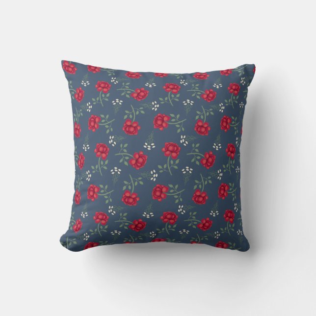 Rode rozen op donkerblauwe oversized calico kussen (Voorkant)