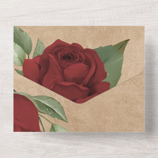 Rode rozen op een ritje met roestvrij papier all in one uitnodiging (Achterkant)