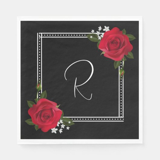 Rode rozen op het zwarte huwelijk servet (Voorkant)