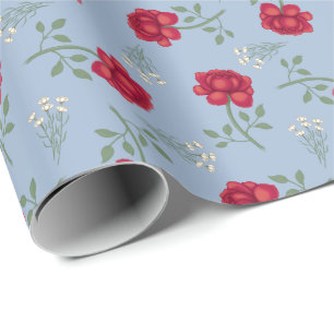 Rode rozen op lichtblauwe oversized calico cadeaupapier