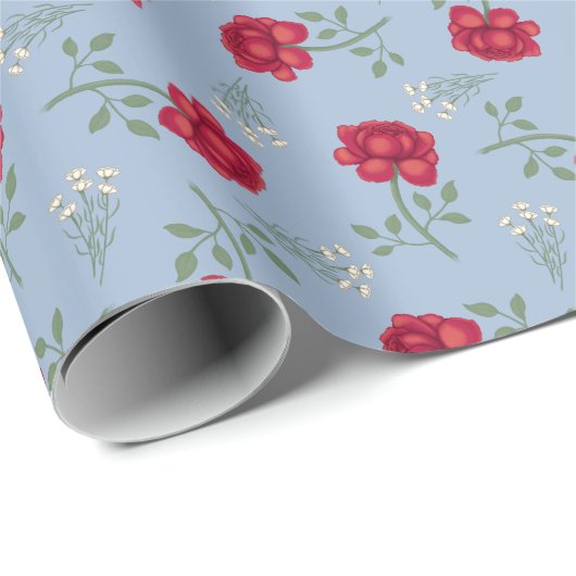 Rode rozen op lichtblauwe oversized calico cadeaupapier (Rol Hoek)