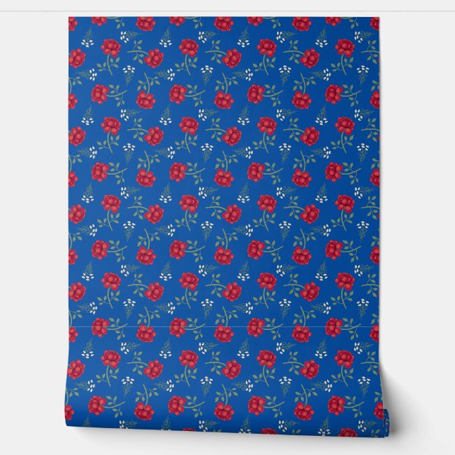 Rode rozen op Medium Blue Calico Behang (Afrollen)