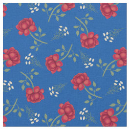 Rode rozen op Medium Blue Calico Stof