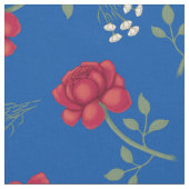 Rode rozen op middelblauwe oversized calico stof (Close Up)
