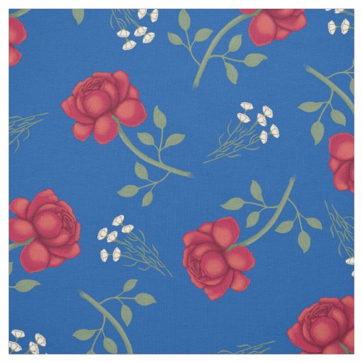 Rode rozen op middelblauwe oversized calico stof (Swatch)