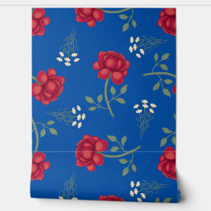 Rode rozen op middelgrote blauwe oversized Calico Behang