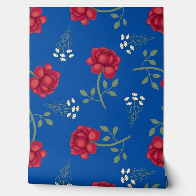 Rode rozen op middelgrote blauwe oversized Calico Behang (Afrollen)