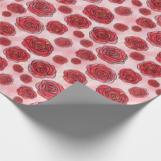 Rode rozen op roze waterverfpatroon cadeaupapier (Hoek)