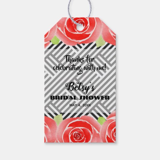 Rode rozen op strepen Derby Vrijgezellenfeest Cadeaulabel (Voorkant)