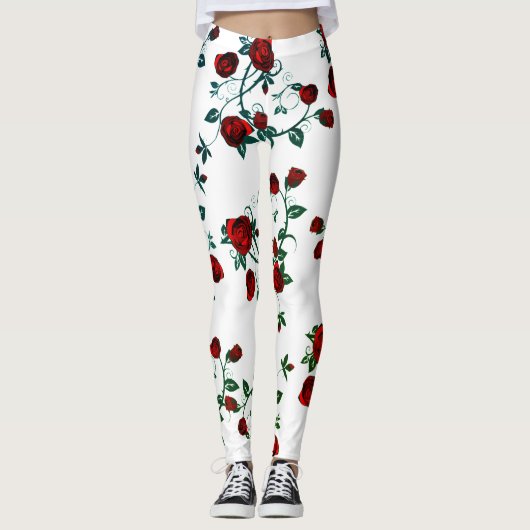 Rode rozen op wit, florerend vectorpatroon v2 leggings (Voorkant)