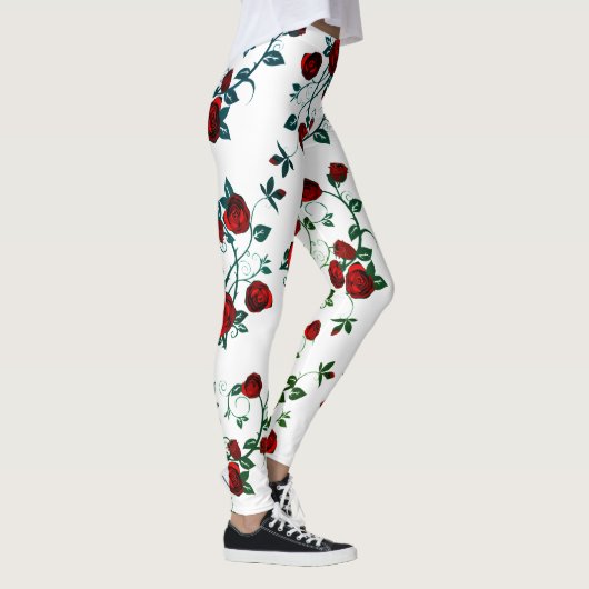 Rode rozen op wit, florerend vectorpatroon v2 leggings (Rechts)