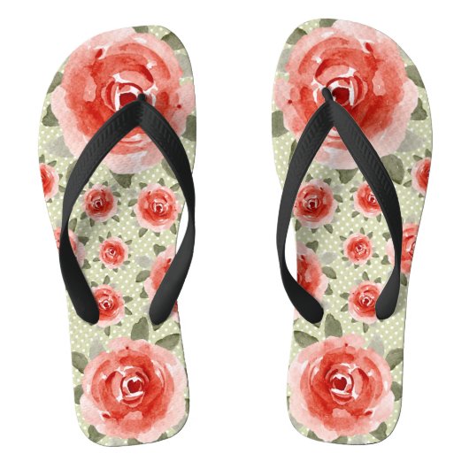 Rode Rozen op Witte en Lichte Groene Stippen Muilt Teenslippers (Voetbed)