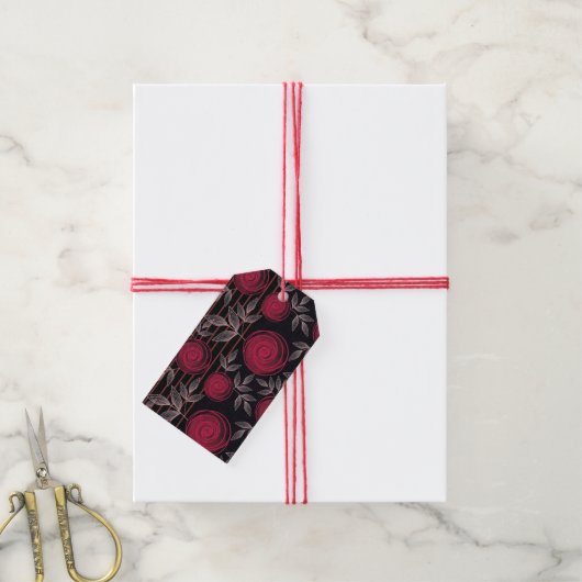 Rode rozen op zwart. cadeaulabel (Met Touw)