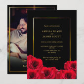 Rode rozen op zwart | Gouden Lijst met foto bruilo Kaart (Voorkant / Achterkant)