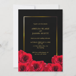 Rode rozen op zwart | Gouden Lijst met foto bruilo Kaart