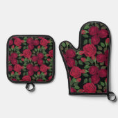 Rode rozen op zwart. ovenwant & pannenlap set (Voorkant)
