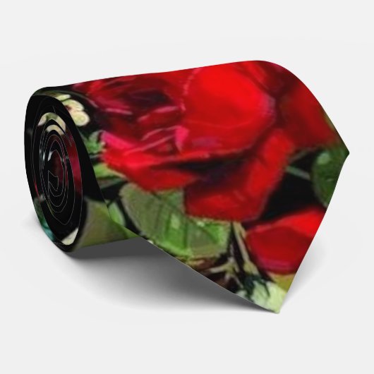 Rode rozen op zwart. stropdas (Opgerold)