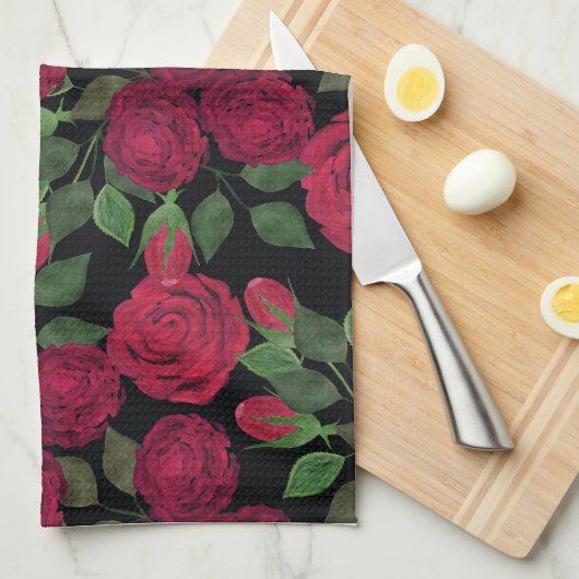 Rode rozen op zwart. theedoek (Quarter Fold)