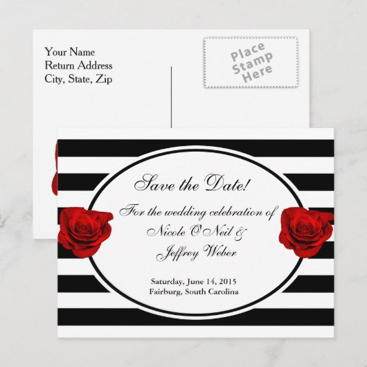 Rode Rozen op zwart-wit bruiloft Save the Date Aankondigingskaart (Voorkant / Achterkant)