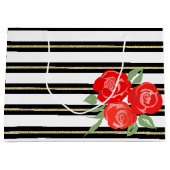 Rode rozen op zwart, wit, gouden geschenkzak groot cadeauzakje (Voorkant)