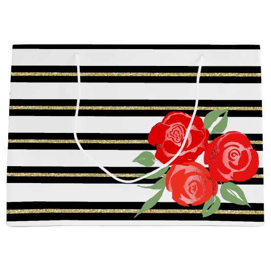 Rode rozen op zwart, wit, gouden geschenkzak groot cadeauzakje (Voorkant)