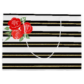 Rode rozen op zwart, wit, gouden geschenkzak groot cadeauzakje (Achterkant)
