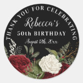 Rode rozen op zwarte 50ste verjaardag Dank je wel Ronde Sticker (Voorkant)