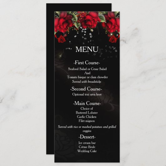 Rode Rozen op zwarte bruiloft Menu Kaart (Voorkant / Achterkant)