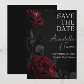 Rode Rozen op Zwarte Drieerige Bloemrijke Gotische Save The Date (Voorkant / Achterkant)