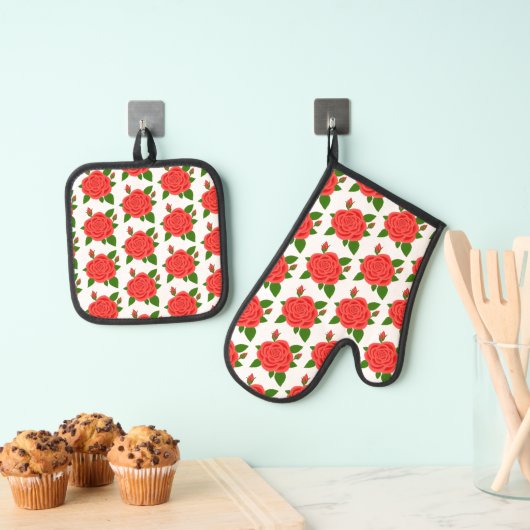 Rode Rozen Ovenwant en Pannenlap Set (Insitu(Ophanging))