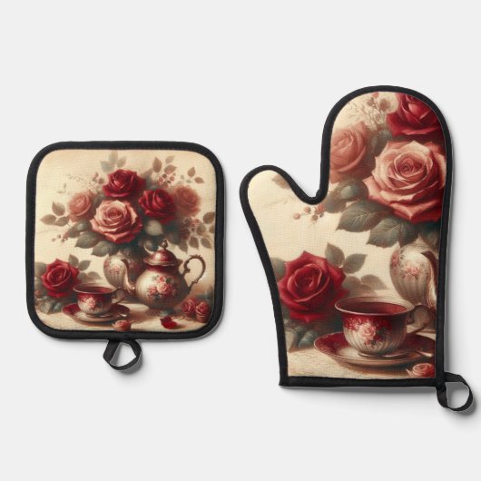  rode rozen ovenwant & pannenlap set (Voorkant)