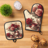  rode rozen ovenwant & pannenlap set (Top down)