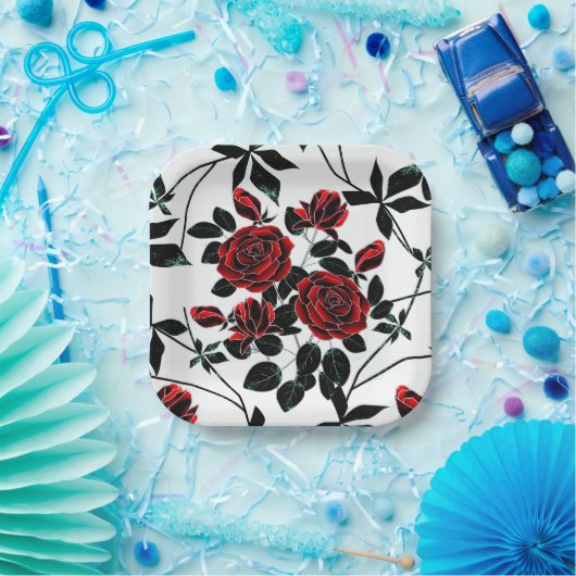 Rode rozen. papieren bordje (Feest)