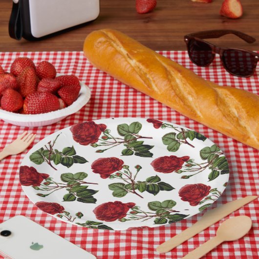 Rode Rozen Patroon Papieren Bordje (Picknick)