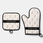 Rode rozen, patroon van Rozen, Jouw naam Ovenwant & Pannenlap Set (Voorkant)