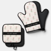 Rode rozen, patroon van Rozen, Jouw naam Ovenwant & Pannenlap Set (Voorkant / Achterkant)