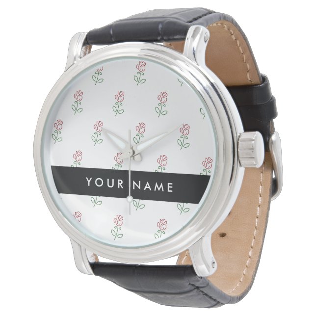Rode Rozen, Patroon Van Rozen, Uw Naam Horloge (Gekanteld)