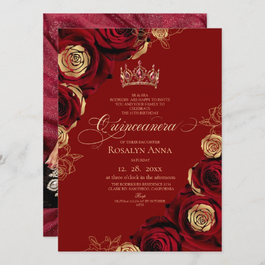 Rode Rozen Prinses Quinceañera Kaart (Voorkant / Achterkant)