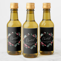 Rode Rozen, Proost Zwart Bruiloft Mini Wijn Label