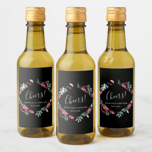 Rode Rozen, Proost Zwart Bruiloft Mini Wijn Label Etiket