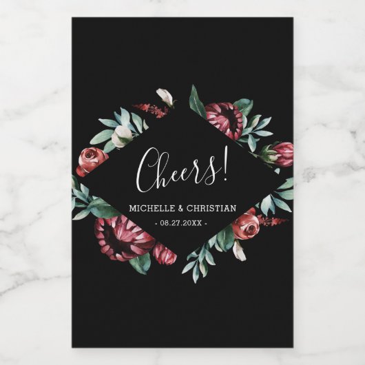 Rode Rozen, Proost Zwart Bruiloft Mini Wijn Label Wijn Etiket (Enkel label)