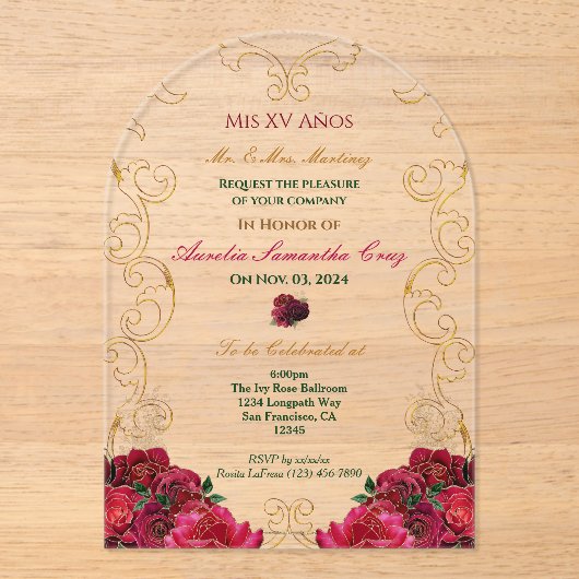 Rode Rozen Quinceañera Bloemen Acryl Uitnodiging (Voorkant)