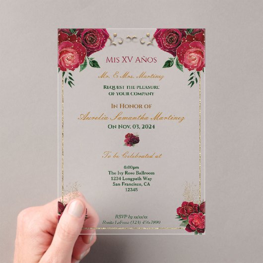 Rode Rozen Quinceañera Bloemenacryl Uitnodiging (Insitu (Draagbaar))