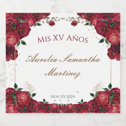 Rode rozen Quinceañera Champagne flesetiketten Sparkling Wijnetiket (Enkel label)