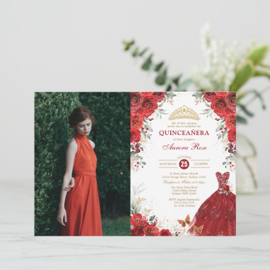 Rode Rozen Quinceañera Mis Quince Anos Foto Kaart (Staand voorkant)
