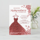 Rode rozen rode glitter jurk Quinceañera Uitnodigi Kaart (Staand voorkant)