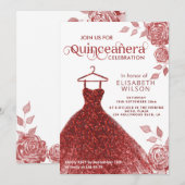 Rode rozen rode glitter jurk Quinceañera Uitnodigi Kaart (Voorkant / Achterkant)