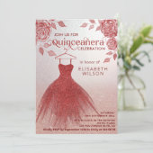 Rode rozen rode glitter jurk Quinceañera Uitnodigi Kaart (Staand voorkant)